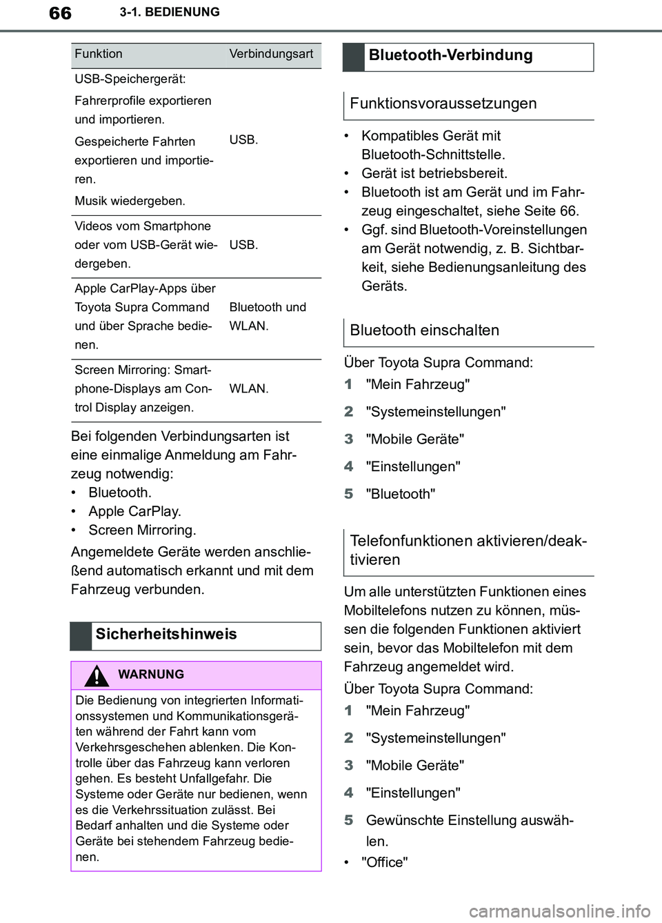TOYOTA SUPRA 2019  Betriebsanleitungen (in German) 66
Supra Owner’s Manual_EM
3-1. BEDIENUNG
Bei folgenden Verbindungsarten ist 
eine einmalige Anmeldung am Fahr-
zeug notwendig:
• Bluetooth.
• Apple CarPlay.
• Screen Mirroring.
Angemeldete Ge