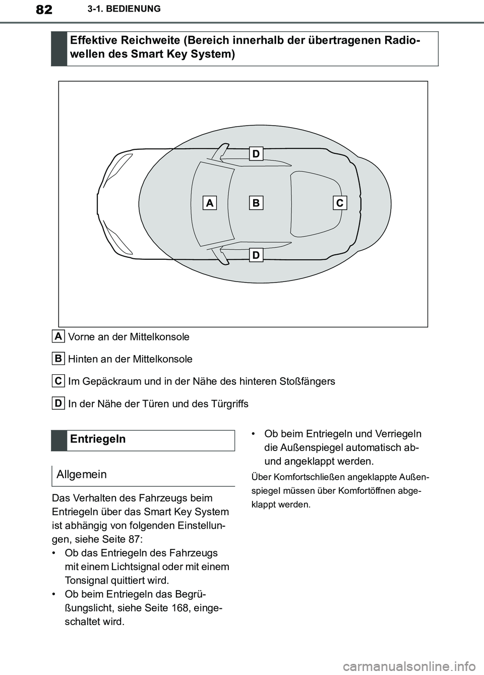 TOYOTA SUPRA 2019  Betriebsanleitungen (in German) 82
Supra Owner’s Manual_EM
3-1. BEDIENUNG
Vorne an der Mittelkonsole
Hinten an der Mittelkonsole
Im Gepäckraum und in der Nähe des hinteren Stoßfängers
In der Nähe der Türen und des Türgriffs