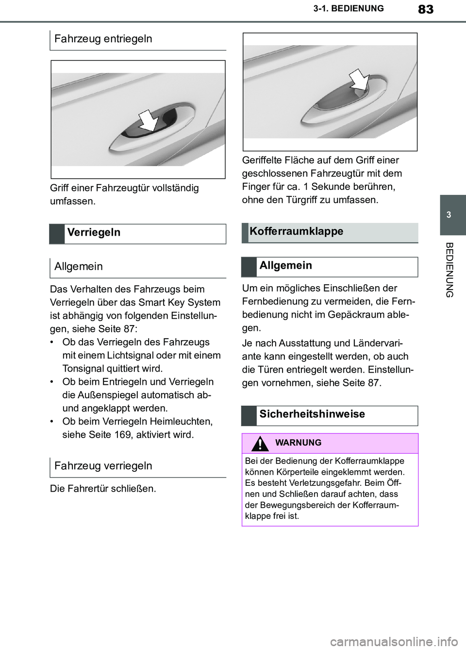 TOYOTA SUPRA 2019  Betriebsanleitungen (in German) 83
3
Supra Owner’s Manual_EM
3-1. BEDIENUNG
BEDIENUNG
Griff einer Fahrzeugtür vollständig 
umfassen.
Das Verhalten des Fahrzeugs beim 
Verriegeln über das Smart Key System 
ist abhängig von folg