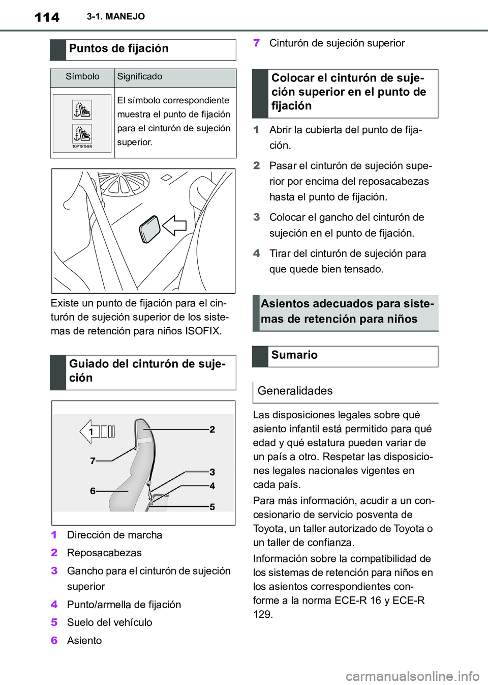 TOYOTA SUPRA 2019  Manuale de Empleo (in Spanish) 114
Supra Owners Manual_ES
3-1. MANEJO
Existe un punto de fijación para el cin-
turón de sujeción superior de los siste-
mas de retención para niños ISOFIX.
1Dirección de marcha
2Reposacabezas
