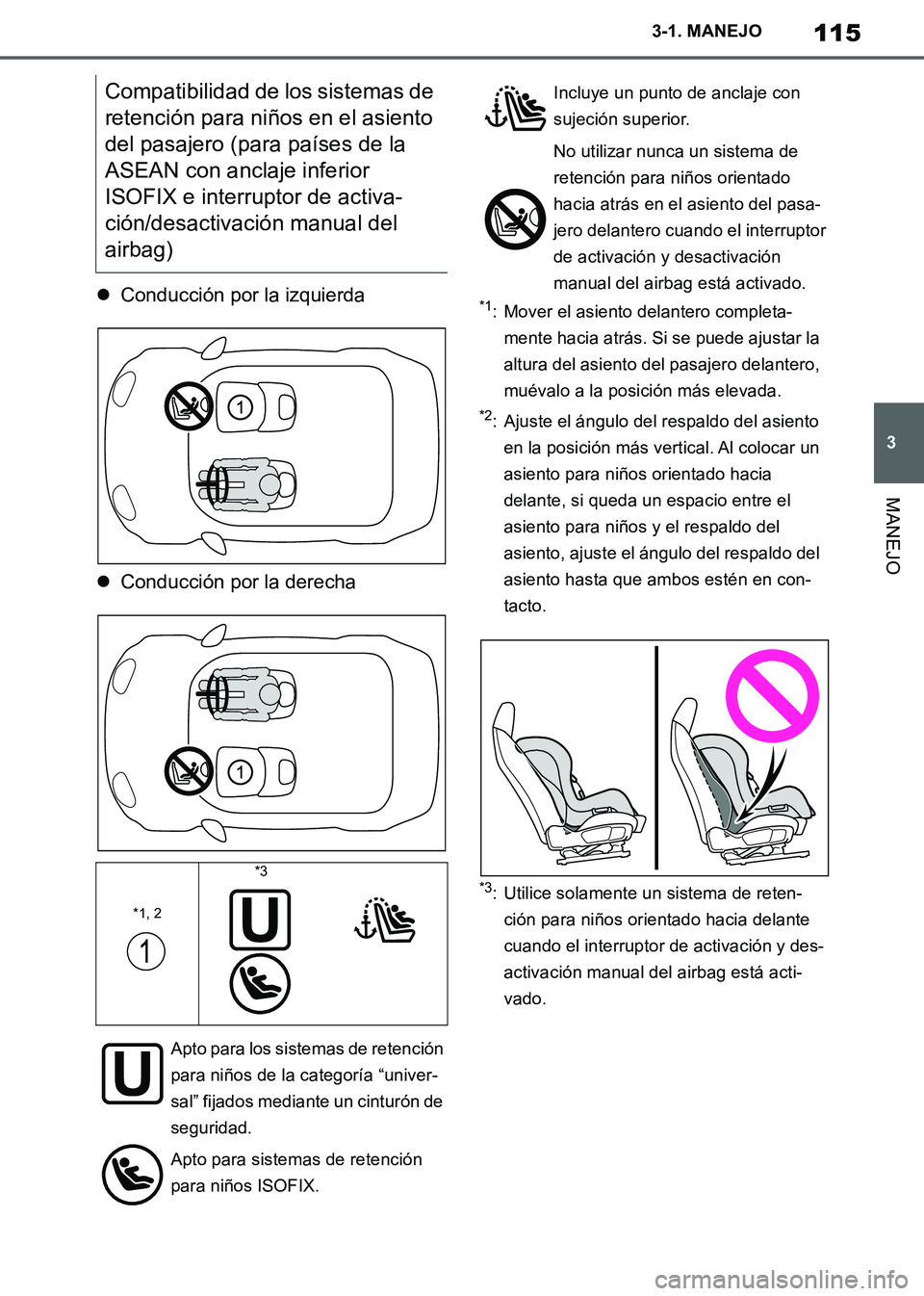 TOYOTA SUPRA 2019  Manuale de Empleo (in Spanish) 115
3
Supra Owners Manual_ES
3-1. MANEJO
MANEJO
Conducción por la izquierda
Conducción por la derecha*1: Mover el asiento delantero completa-
mente hacia atrás. Si se puede ajustar la 
altur