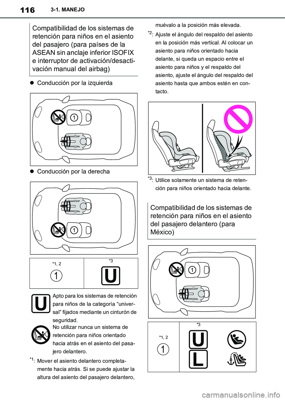 TOYOTA SUPRA 2019  Manuale de Empleo (in Spanish) 116
Supra Owners Manual_ES
3-1. MANEJO
Conducción por la izquierda
Conducción por la derecha
*1: Mover el asiento delantero completa-
mente hacia atrás. Si se puede ajustar la 
altura del as