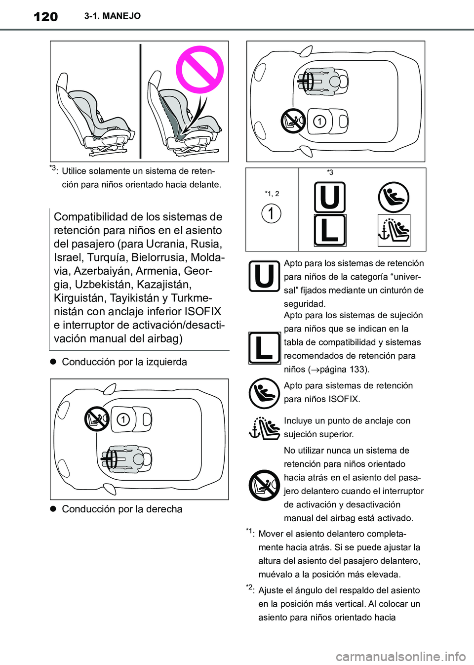 TOYOTA SUPRA 2019  Manuale de Empleo (in Spanish) 120
Supra Owners Manual_ES
3-1. MANEJO
*3: Utilice solamente un sistema de reten-
ción para niños orientado hacia delante.
Conducción por la izquierda
Conducción por la derecha
*1: Mover el
