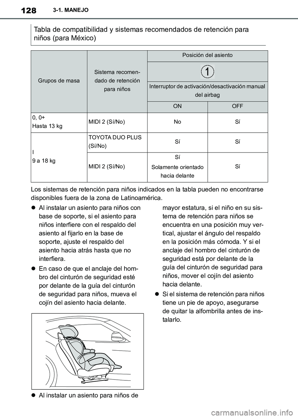 TOYOTA SUPRA 2019  Manuale de Empleo (in Spanish) 128
Supra Owners Manual_ES
3-1. MANEJO
Los sistemas de retención para niños indicados en la tabla pueden no encontrarse 
disponibles fuera de la zona de Latinoamérica.
Al instalar un asiento pa