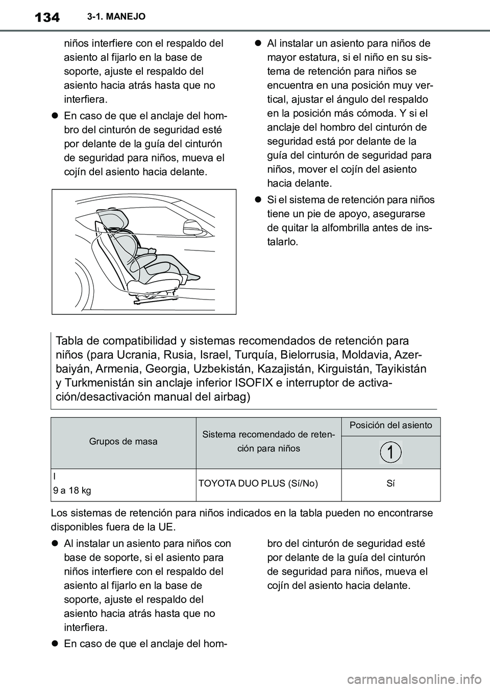 TOYOTA SUPRA 2019 Manuale de Empleo (in Spanish) 134
Supra Owners Manual_ES
3-1. MANEJO
niños interfiere con el respaldo del
asiento al fijarlo en la base de
soporte, ajuste el respaldo del
asiento hacia atrás hasta que no
interfiera.
En c TOYOTA SUPRA 2019 Manuale de Empleo (in Spanish) 134
Supra Owners Manual_ES
3-1. MANEJO
niños interfiere con el respaldo del
asiento al fijarlo en la base de
soporte, ajuste el respaldo del
asiento hacia atrás hasta que no
interfiera.
En c