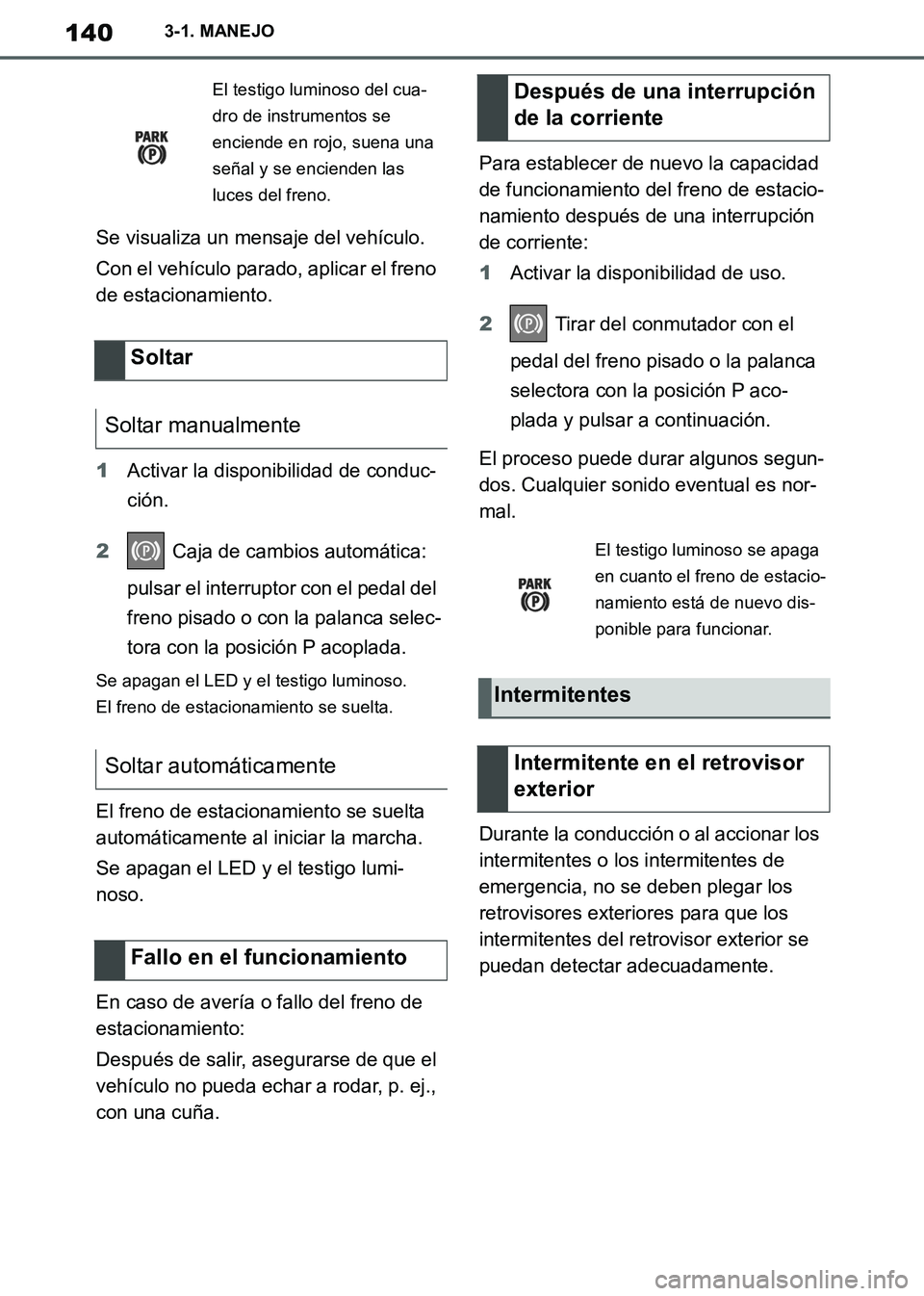 TOYOTA SUPRA 2019 Manuale de Empleo (in Spanish) 140
Supra Owners Manual_ES
3-1. MANEJO
Se visualiza un mensaje del vehículo.
Con el vehículo parado, aplicar el freno
de estacionamiento.
1Activar la disponibilidad de conduc-
ción.
2 Caja de cam TOYOTA SUPRA 2019 Manuale de Empleo (in Spanish) 140
Supra Owners Manual_ES
3-1. MANEJO
Se visualiza un mensaje del vehículo.
Con el vehículo parado, aplicar el freno
de estacionamiento.
1Activar la disponibilidad de conduc-
ción.
2 Caja de cam