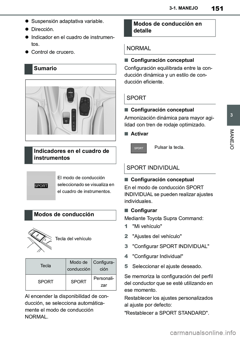 TOYOTA SUPRA 2019  Manuale de Empleo (in Spanish) 151
3
Supra Owners Manual_ES
3-1. MANEJO
MANEJO
Suspensión adaptativa variable.
Dirección.
Indicador en el cuadro de instrumen-
tos.
Control de crucero.
Al encender la disponibilidad de