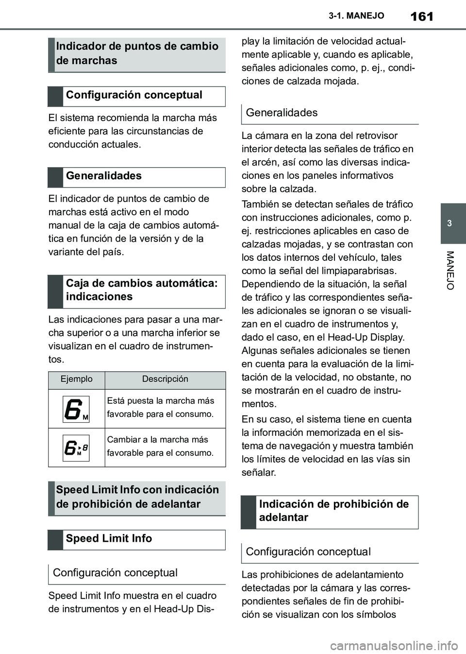 TOYOTA SUPRA 2019 Manuale de Empleo (in Spanish) 161
3
Supra Owners Manual_ES
3-1. MANEJO
MANEJO
El sistema recomienda la marcha más
eficiente para las circunstancias de
conducción actuales.
El indicador de puntos de cambio de
marchas está ac TOYOTA SUPRA 2019 Manuale de Empleo (in Spanish) 161
3
Supra Owners Manual_ES
3-1. MANEJO
MANEJO
El sistema recomienda la marcha más
eficiente para las circunstancias de
conducción actuales.
El indicador de puntos de cambio de
marchas está ac