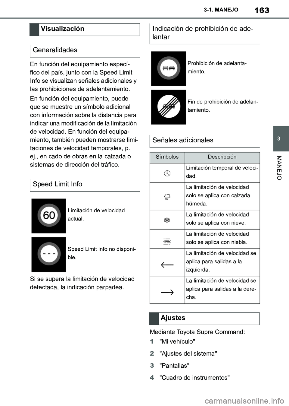 TOYOTA SUPRA 2019 Manuale de Empleo (in Spanish) 163
3
Supra Owners Manual_ES
3-1. MANEJO
MANEJO
En función del equipamiento especí-
fico del país, junto con la Speed Limit
Info se visualizan señales adicionales y
las prohibiciones de adelant TOYOTA SUPRA 2019 Manuale de Empleo (in Spanish) 163
3
Supra Owners Manual_ES
3-1. MANEJO
MANEJO
En función del equipamiento especí-
fico del país, junto con la Speed Limit
Info se visualizan señales adicionales y
las prohibiciones de adelant