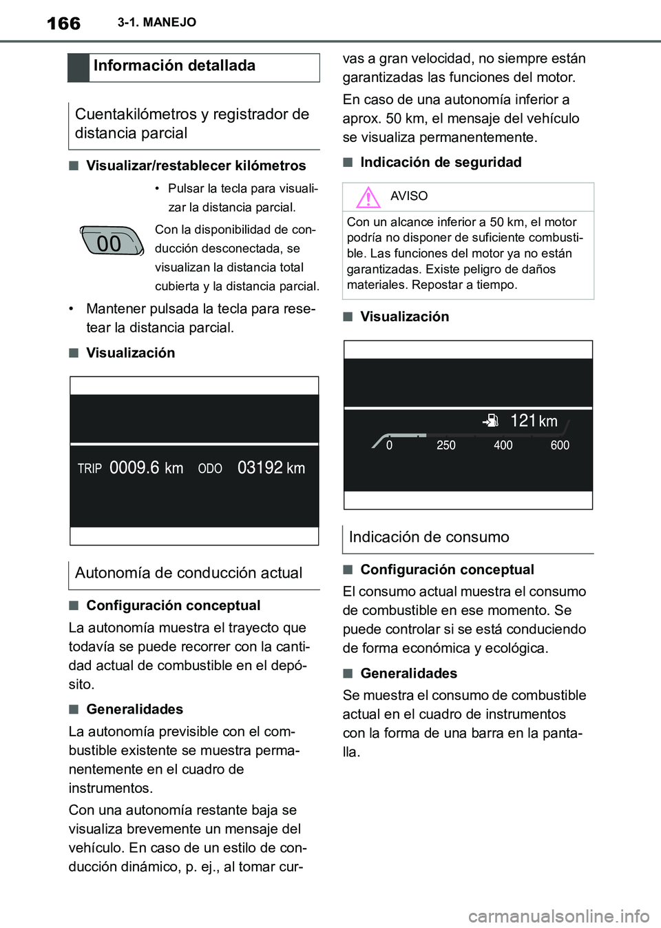TOYOTA SUPRA 2019 Manuale de Empleo (in Spanish) 166
Supra Owners Manual_ES
3-1. MANEJO
■Visualizar/restablecer kilómetros
• Mantener pulsada la tecla para rese-
tear la distancia parcial.
■Visualización
■Configuración conceptual
La auto TOYOTA SUPRA 2019 Manuale de Empleo (in Spanish) 166
Supra Owners Manual_ES
3-1. MANEJO
■Visualizar/restablecer kilómetros
• Mantener pulsada la tecla para rese-
tear la distancia parcial.
■Visualización
■Configuración conceptual
La auto