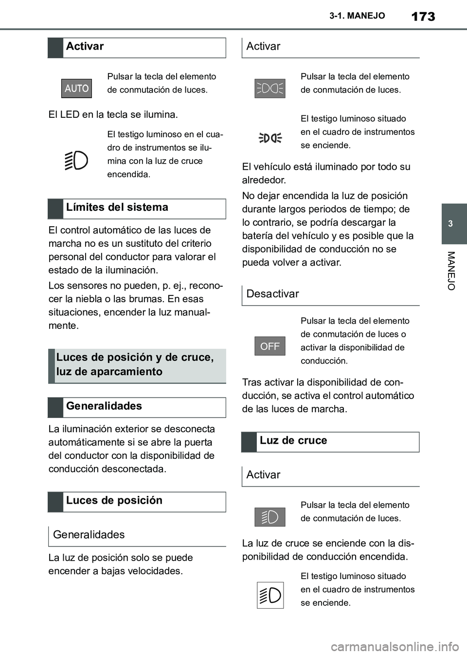 TOYOTA SUPRA 2019 Manuale de Empleo (in Spanish) 173
3
Supra Owners Manual_ES
3-1. MANEJO
MANEJO
El LED en la tecla se ilumina.
El control automático de las luces de
marcha no es un sustituto del criterio
personal del conductor para valorar el
TOYOTA SUPRA 2019 Manuale de Empleo (in Spanish) 173
3
Supra Owners Manual_ES
3-1. MANEJO
MANEJO
El LED en la tecla se ilumina.
El control automático de las luces de
marcha no es un sustituto del criterio
personal del conductor para valorar el