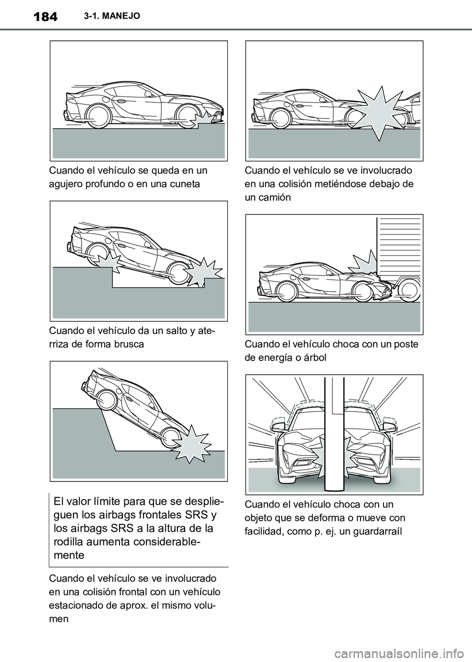 TOYOTA SUPRA 2019 Manuale de Empleo (in Spanish) 184
Supra Owners Manual_ES
3-1. MANEJO
Cuando el vehículo se queda en un
agujero profundo o en una cuneta
Cuando el vehículo da un salto y ate-
rriza de forma brusca
Cuando el vehículo se ve invo TOYOTA SUPRA 2019 Manuale de Empleo (in Spanish) 184
Supra Owners Manual_ES
3-1. MANEJO
Cuando el vehículo se queda en un
agujero profundo o en una cuneta
Cuando el vehículo da un salto y ate-
rriza de forma brusca
Cuando el vehículo se ve invo