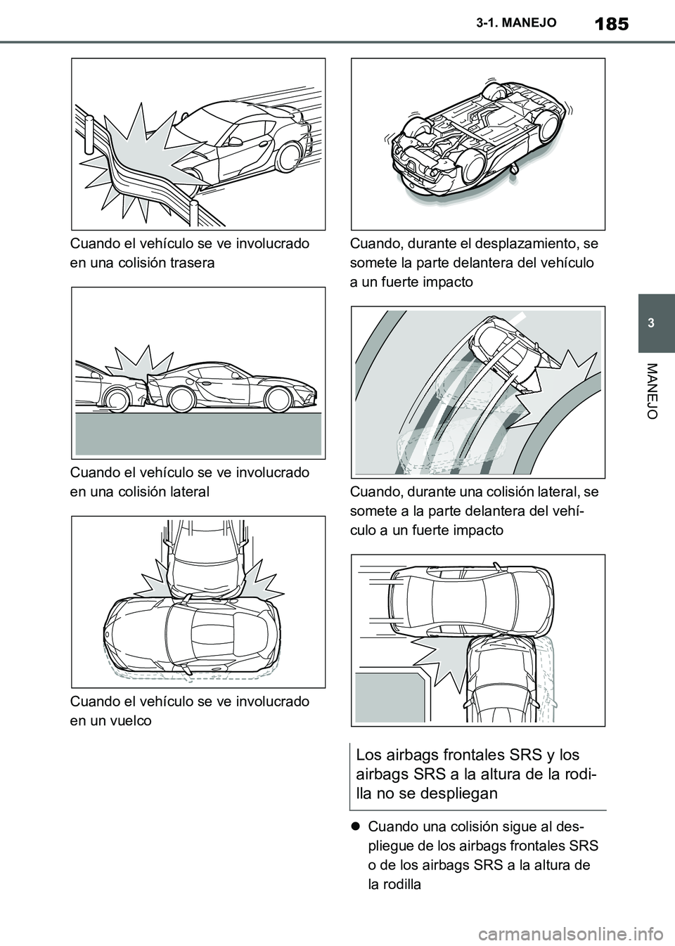 TOYOTA SUPRA 2019 Manuale de Empleo (in Spanish) 185
3
Supra Owners Manual_ES
3-1. MANEJO
MANEJO
Cuando el vehículo se ve involucrado
en una colisión trasera
Cuando el vehículo se ve involucrado
en una colisión lateral
Cuando el vehículo se TOYOTA SUPRA 2019 Manuale de Empleo (in Spanish) 185
3
Supra Owners Manual_ES
3-1. MANEJO
MANEJO
Cuando el vehículo se ve involucrado
en una colisión trasera
Cuando el vehículo se ve involucrado
en una colisión lateral
Cuando el vehículo se