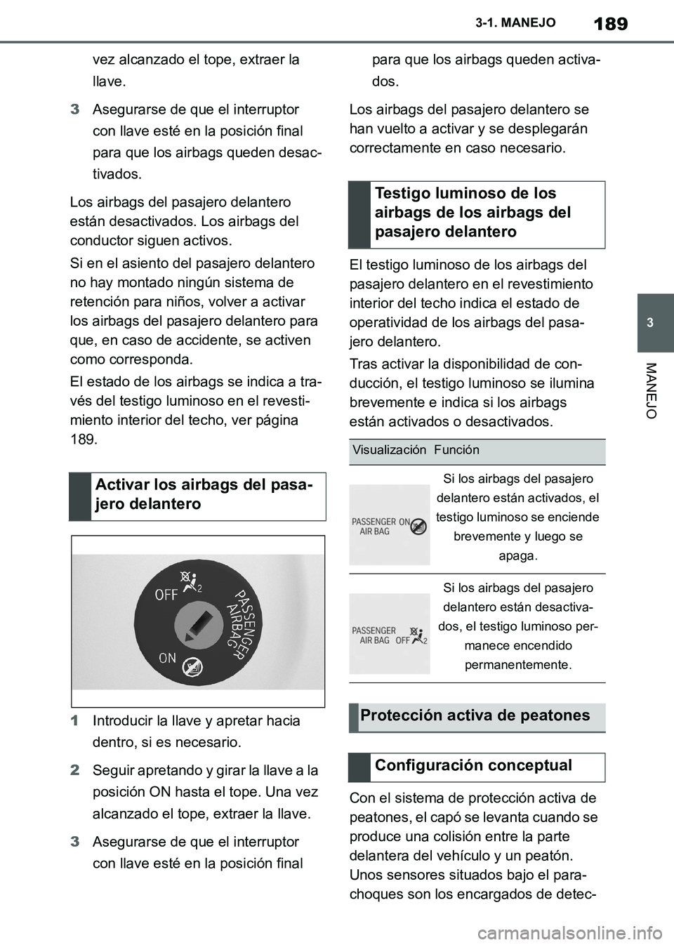TOYOTA SUPRA 2019 Manuale de Empleo (in Spanish) 189
3
Supra Owners Manual_ES
3-1. MANEJO
MANEJO
vez alcanzado el tope, extraer la
llave.
3Asegurarse de que el interruptor
con llave esté en la posición final
para que los airbags queden desac-
TOYOTA SUPRA 2019 Manuale de Empleo (in Spanish) 189
3
Supra Owners Manual_ES
3-1. MANEJO
MANEJO
vez alcanzado el tope, extraer la
llave.
3Asegurarse de que el interruptor
con llave esté en la posición final
para que los airbags queden desac-