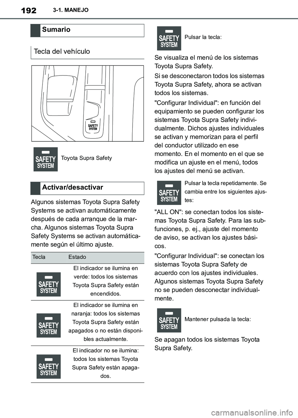TOYOTA SUPRA 2019 Manuale de Empleo (in Spanish) 192
Supra Owners Manual_ES
3-1. MANEJO
Algunos sistemas Toyota Supra Safety
Systems se activan automáticamente
después de cada arranque de la mar-
cha. Algunos sistemas Toyota Supra
Safety Syste TOYOTA SUPRA 2019 Manuale de Empleo (in Spanish) 192
Supra Owners Manual_ES
3-1. MANEJO
Algunos sistemas Toyota Supra Safety
Systems se activan automáticamente
después de cada arranque de la mar-
cha. Algunos sistemas Toyota Supra
Safety Syste