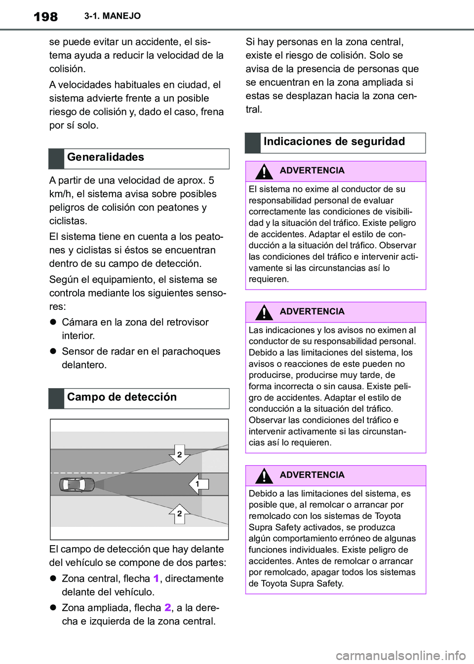 TOYOTA SUPRA 2019 Manuale de Empleo (in Spanish) 198
Supra Owners Manual_ES
3-1. MANEJO
se puede evitar un accidente, el sis-
tema ayuda a reducir la velocidad de la
colisión.
A velocidades habituales en ciudad, el
sistema advierte frente a un p TOYOTA SUPRA 2019 Manuale de Empleo (in Spanish) 198
Supra Owners Manual_ES
3-1. MANEJO
se puede evitar un accidente, el sis-
tema ayuda a reducir la velocidad de la
colisión.
A velocidades habituales en ciudad, el
sistema advierte frente a un p