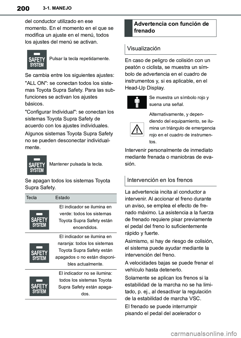 TOYOTA SUPRA 2019 Manuale de Empleo (in Spanish) 200
Supra Owners Manual_ES
3-1. MANEJO
del conductor utilizado en ese
momento. En el momento en el que se
modifica un ajuste en el menú, todos
los ajustes del menú se activan.
Se cambia entre lo TOYOTA SUPRA 2019 Manuale de Empleo (in Spanish) 200
Supra Owners Manual_ES
3-1. MANEJO
del conductor utilizado en ese
momento. En el momento en el que se
modifica un ajuste en el menú, todos
los ajustes del menú se activan.
Se cambia entre lo