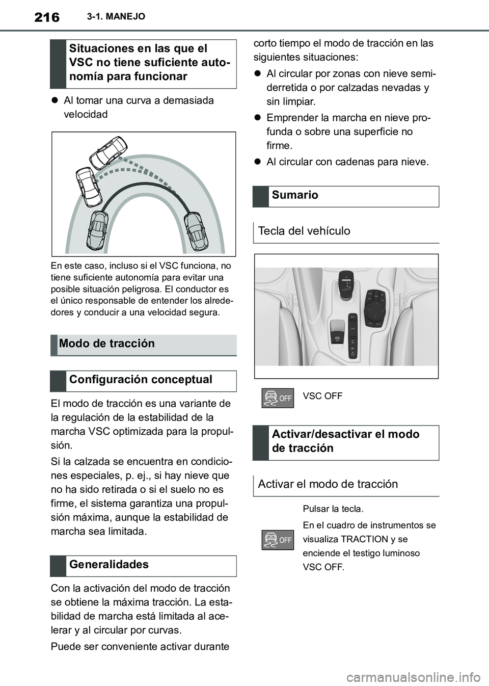 TOYOTA SUPRA 2019 Manuale de Empleo (in Spanish) 216
Supra Owners Manual_ES
3-1. MANEJO
Al tomar una curva a demasiada
velocidad
En este caso, incluso si el VSC funciona, no
tiene suficiente autonomía para evitar una
posible situación pelig TOYOTA SUPRA 2019 Manuale de Empleo (in Spanish) 216
Supra Owners Manual_ES
3-1. MANEJO
Al tomar una curva a demasiada
velocidad
En este caso, incluso si el VSC funciona, no
tiene suficiente autonomía para evitar una
posible situación pelig
