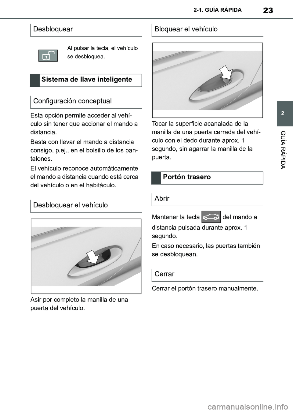 TOYOTA SUPRA 2019  Manuale de Empleo (in Spanish) 23
2
Supra Owners Manual_ES
2-1. GUÍA RÁPIDA
GUÍA RÁPIDA
Esta opción permite acceder al vehí-
culo sin tener que accionar el mando a 
distancia.
Basta con llevar el mando a distancia 
consigo, 
