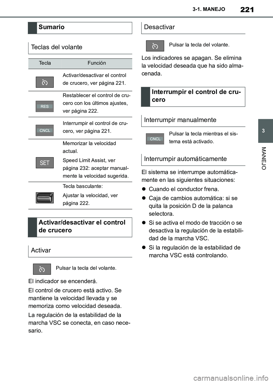 TOYOTA SUPRA 2019  Manuale de Empleo (in Spanish) 221
3
Supra Owners Manual_ES
3-1. MANEJO
MANEJO
El indicador se encenderá.
El control de crucero está activo. Se 
mantiene la velocidad llevada y se 
memoriza como velocidad deseada.
La regulación