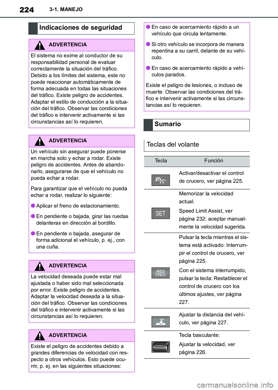 TOYOTA SUPRA 2019  Manuale de Empleo (in Spanish) 224
Supra Owners Manual_ES
3-1. MANEJO
Indicaciones de seguridad
ADVERTENCIA
El sistema no exime al conductor de su 
responsabilidad personal de evaluar 
correctamente la situación del tráfico. 
De