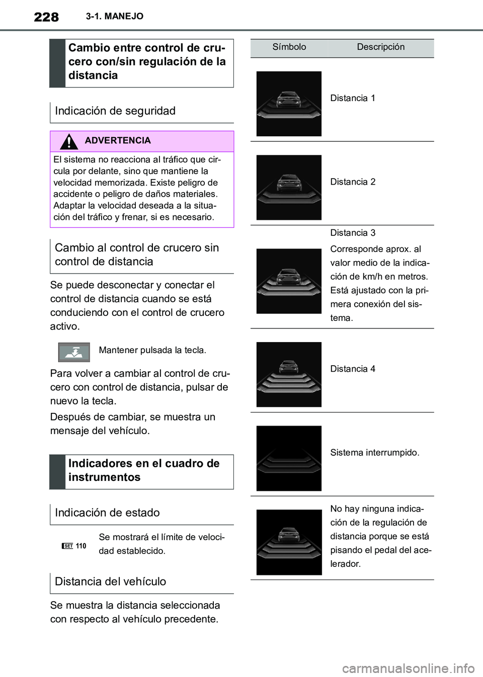 TOYOTA SUPRA 2019  Manuale de Empleo (in Spanish) 228
Supra Owners Manual_ES
3-1. MANEJO
Se puede desconectar y conectar el 
control de distancia cuando se está 
conduciendo con el control de crucero 
activo.
Para volver a cambiar al control de cru