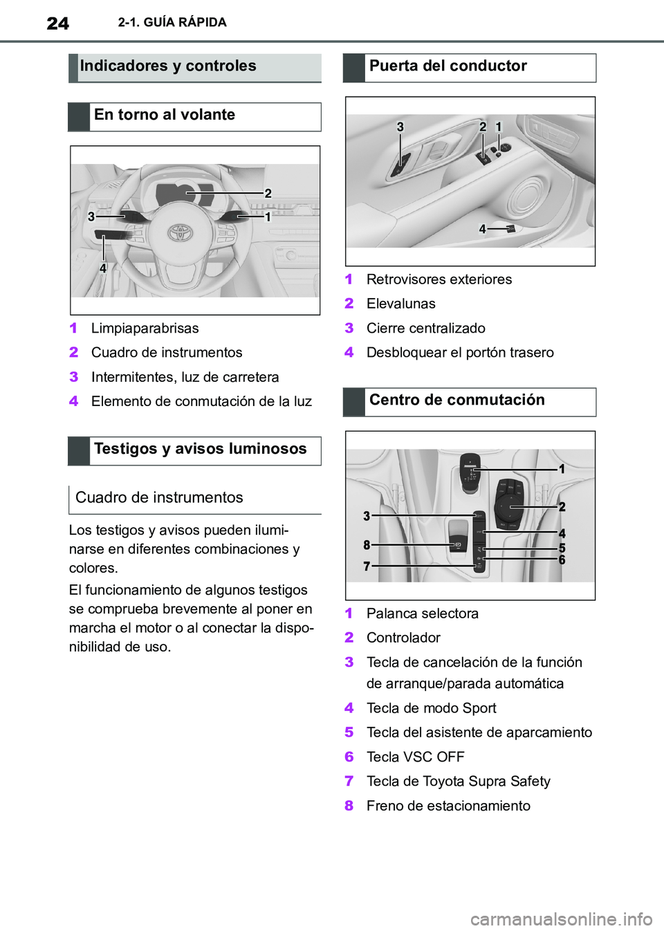TOYOTA SUPRA 2019  Manuale de Empleo (in Spanish) 24
Supra Owners Manual_ES
2-1. GUÍA RÁPIDA
1Limpiaparabrisas
2Cuadro de instrumentos
3Intermitentes, luz de carretera
4Elemento de conmutación de la luz
Los testigos y avisos pueden ilumi-
narse e