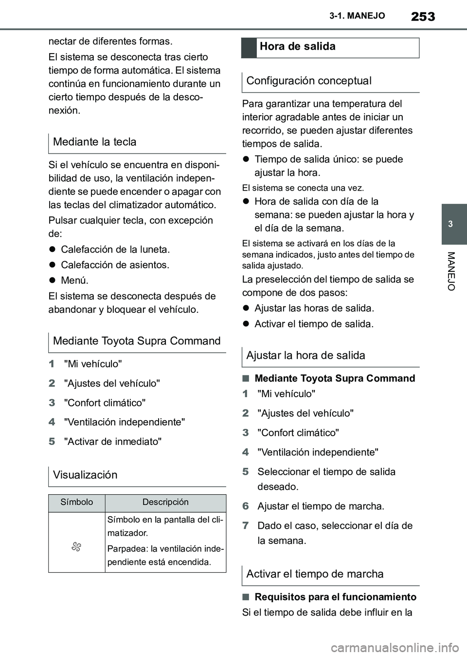 TOYOTA SUPRA 2019 Manuale de Empleo (in Spanish) 253
3
Supra Owners Manual_ES
3-1. MANEJO
MANEJO
nectar de diferentes formas.
El sistema se desconecta tras cierto
tiempo de forma automática. El sistema
continúa en funcionamiento durante un
cie TOYOTA SUPRA 2019 Manuale de Empleo (in Spanish) 253
3
Supra Owners Manual_ES
3-1. MANEJO
MANEJO
nectar de diferentes formas.
El sistema se desconecta tras cierto
tiempo de forma automática. El sistema
continúa en funcionamiento durante un
cie