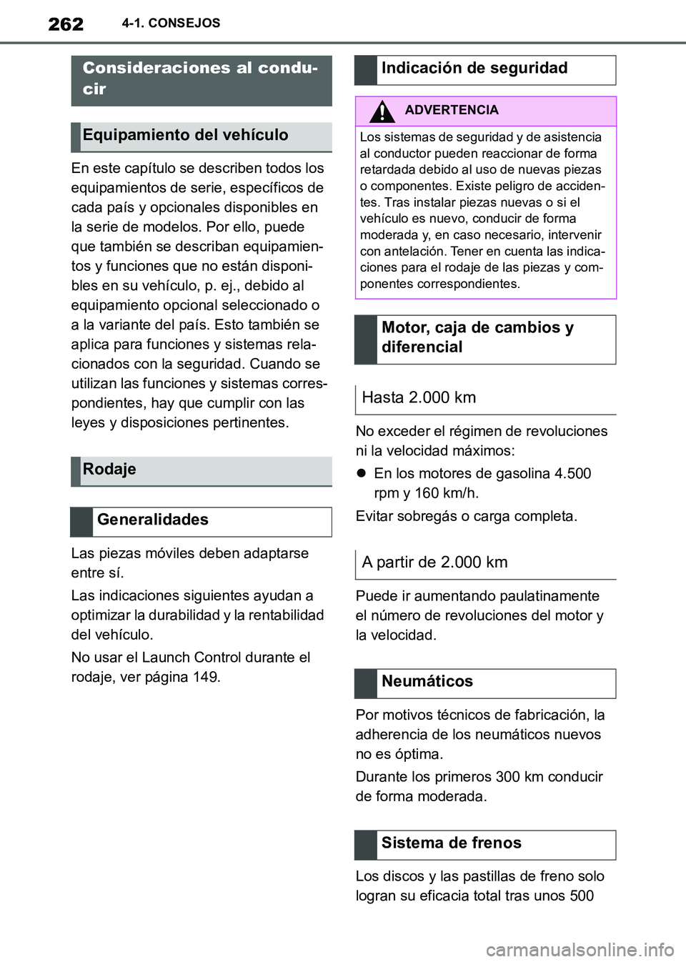 TOYOTA SUPRA 2019 Manuale de Empleo (in Spanish) 262
Supra Owners Manual_ES
4-1. CONSEJOS
4-1.CONSEJOS
En este capítulo se describen todos los
equipamientos de serie, específicos de
cada país y opcionales disponibles en
la serie de modelos. P TOYOTA SUPRA 2019 Manuale de Empleo (in Spanish) 262
Supra Owners Manual_ES
4-1. CONSEJOS
4-1.CONSEJOS
En este capítulo se describen todos los
equipamientos de serie, específicos de
cada país y opcionales disponibles en
la serie de modelos. P