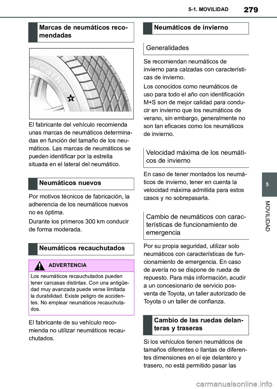 TOYOTA SUPRA 2019  Manuale de Empleo (in Spanish) 279
5
Supra Owners Manual_ES
5-1. MOVILIDAD
MOVILIDAD
El fabricante del vehículo recomienda 
unas marcas de neumáticos determina-
das en función del tamaño de los neu-
máticos. Las marcas de neu