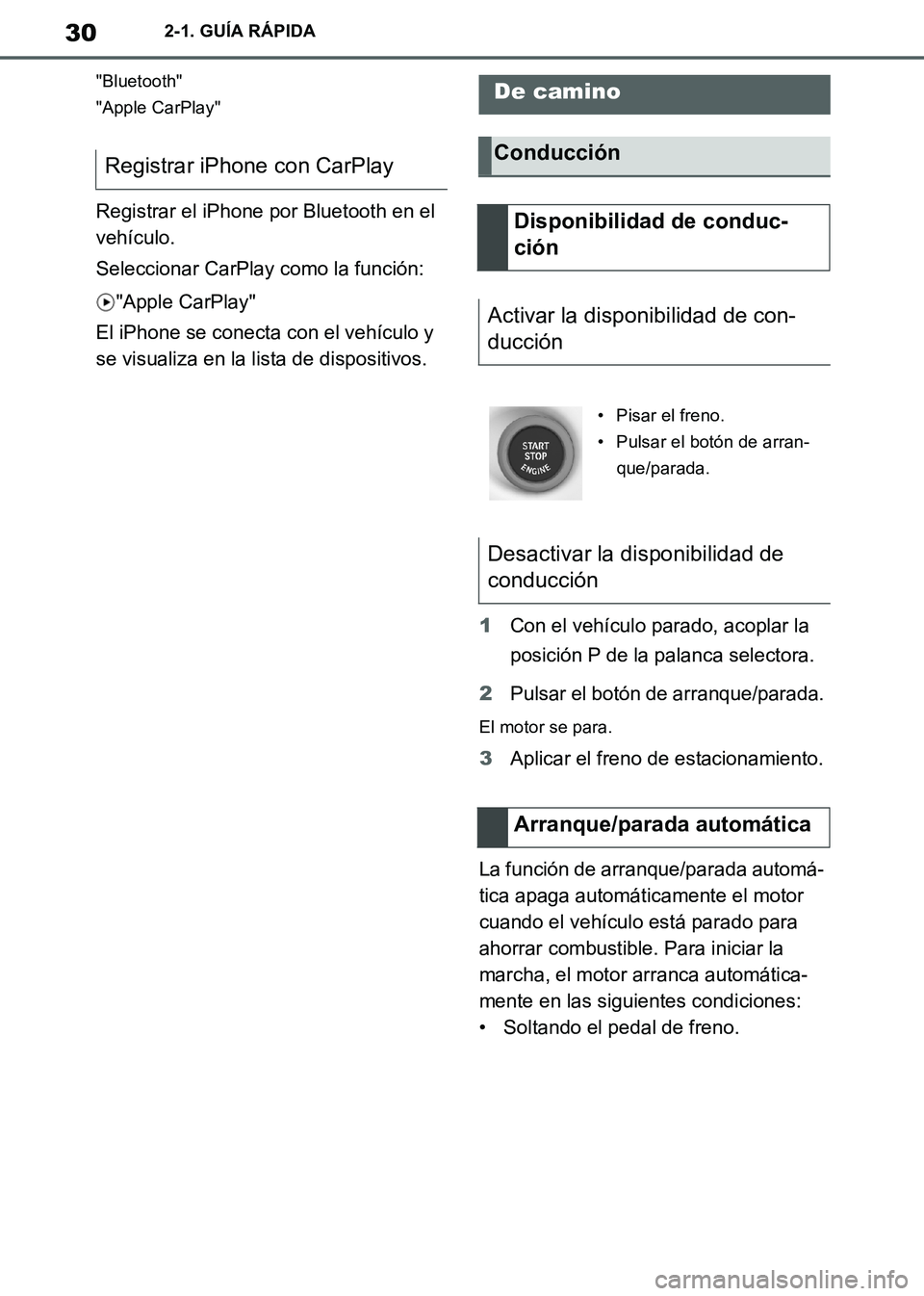TOYOTA SUPRA 2019  Manuale de Empleo (in Spanish) 30
Supra Owners Manual_ES
2-1. GUÍA RÁPIDA
"Bluetooth"
"Apple CarPlay"
Registrar el iPhone por Bluetooth en el 
vehículo.
Seleccionar CarPlay como la función:
"Apple CarPlay"
El iPhone se conecta