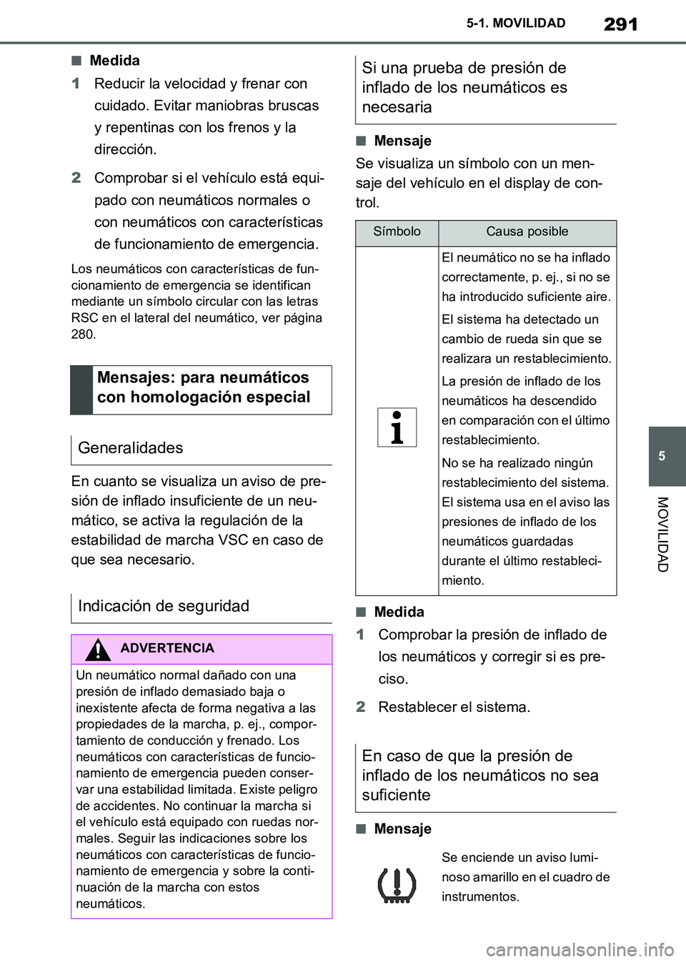 TOYOTA SUPRA 2019 Manuale de Empleo (in Spanish) 291
5
Supra Owners Manual_ES
5-1. MOVILIDAD
MOVILIDAD
■Medida
1Reducir la velocidad y frenar con
cuidado. Evitar maniobras bruscas
y repentinas con los frenos y la
dirección.
2Comprobar si el v TOYOTA SUPRA 2019 Manuale de Empleo (in Spanish) 291
5
Supra Owners Manual_ES
5-1. MOVILIDAD
MOVILIDAD
■Medida
1Reducir la velocidad y frenar con
cuidado. Evitar maniobras bruscas
y repentinas con los frenos y la
dirección.
2Comprobar si el v