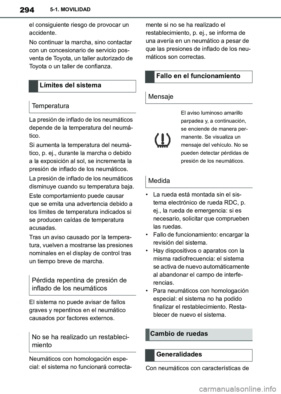 TOYOTA SUPRA 2019 Manuale de Empleo (in Spanish) 294
Supra Owners Manual_ES
5-1. MOVILIDAD
el consiguiente riesgo de provocar un
accidente.
No continuar la marcha, sino contactar
con un concesionario de servicio pos-
venta de Toyota, un taller au TOYOTA SUPRA 2019 Manuale de Empleo (in Spanish) 294
Supra Owners Manual_ES
5-1. MOVILIDAD
el consiguiente riesgo de provocar un
accidente.
No continuar la marcha, sino contactar
con un concesionario de servicio pos-
venta de Toyota, un taller au