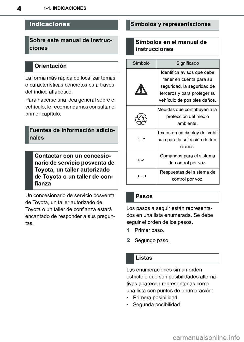 TOYOTA SUPRA 2019  Manuale de Empleo (in Spanish) 4
Supra Owners Manual_ES
1-1. INDICACIONES
1-1.INDICACIONES
La forma más rápida de localizar temas 
o características concretos es a través 
del índice alfabético.
Para hacerse una idea general