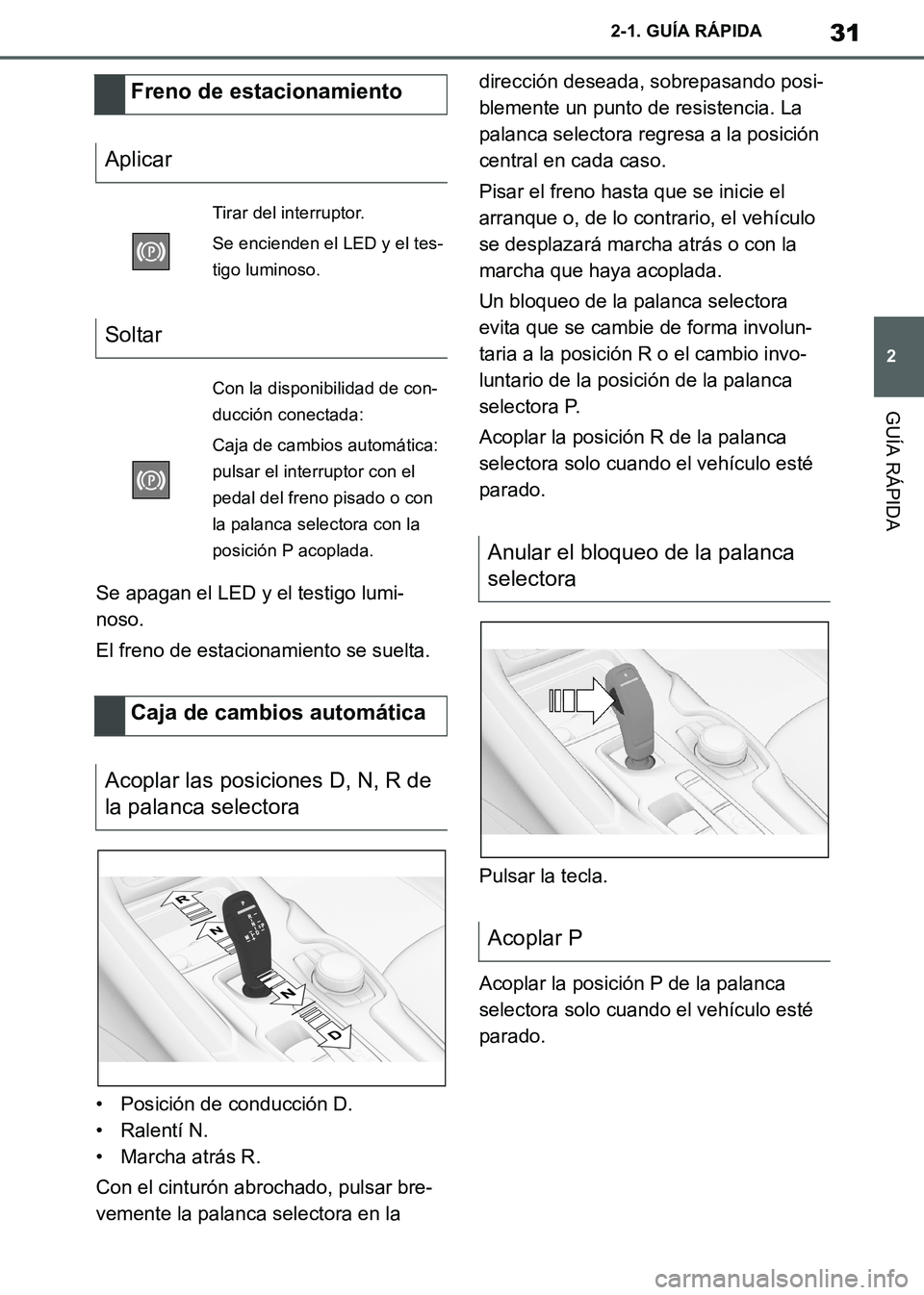 TOYOTA SUPRA 2019  Manuale de Empleo (in Spanish) 31
2
Supra Owners Manual_ES
2-1. GUÍA RÁPIDA
GUÍA RÁPIDA
Se apagan el LED y el testigo lumi-
noso.
El freno de estacionamiento se suelta.
• Posición de conducción D.
• Ralentí N.
• March