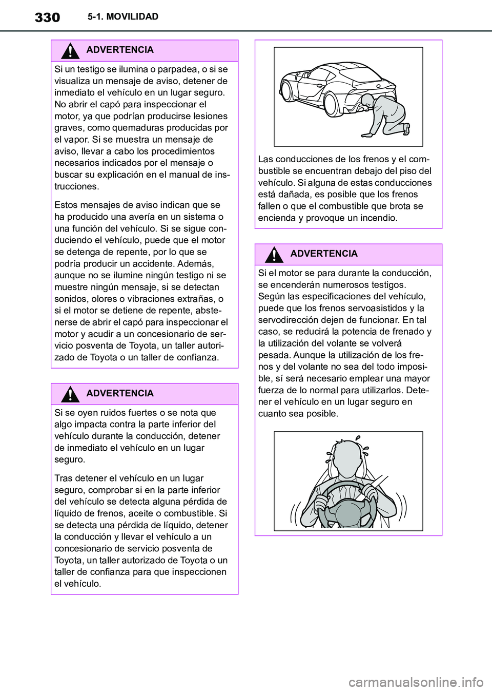 TOYOTA SUPRA 2019 Manuale de Empleo (in Spanish) 330
Supra Owners Manual_ES
5-1. MOVILIDAD
ADVERTENCIA
Si un testigo se ilumina o parpadea, o si se
visualiza un mensaje de aviso, detener de
inmediato el vehículo en un lugar seguro.
No abrir el TOYOTA SUPRA 2019 Manuale de Empleo (in Spanish) 330
Supra Owners Manual_ES
5-1. MOVILIDAD
ADVERTENCIA
Si un testigo se ilumina o parpadea, o si se
visualiza un mensaje de aviso, detener de
inmediato el vehículo en un lugar seguro.
No abrir el
