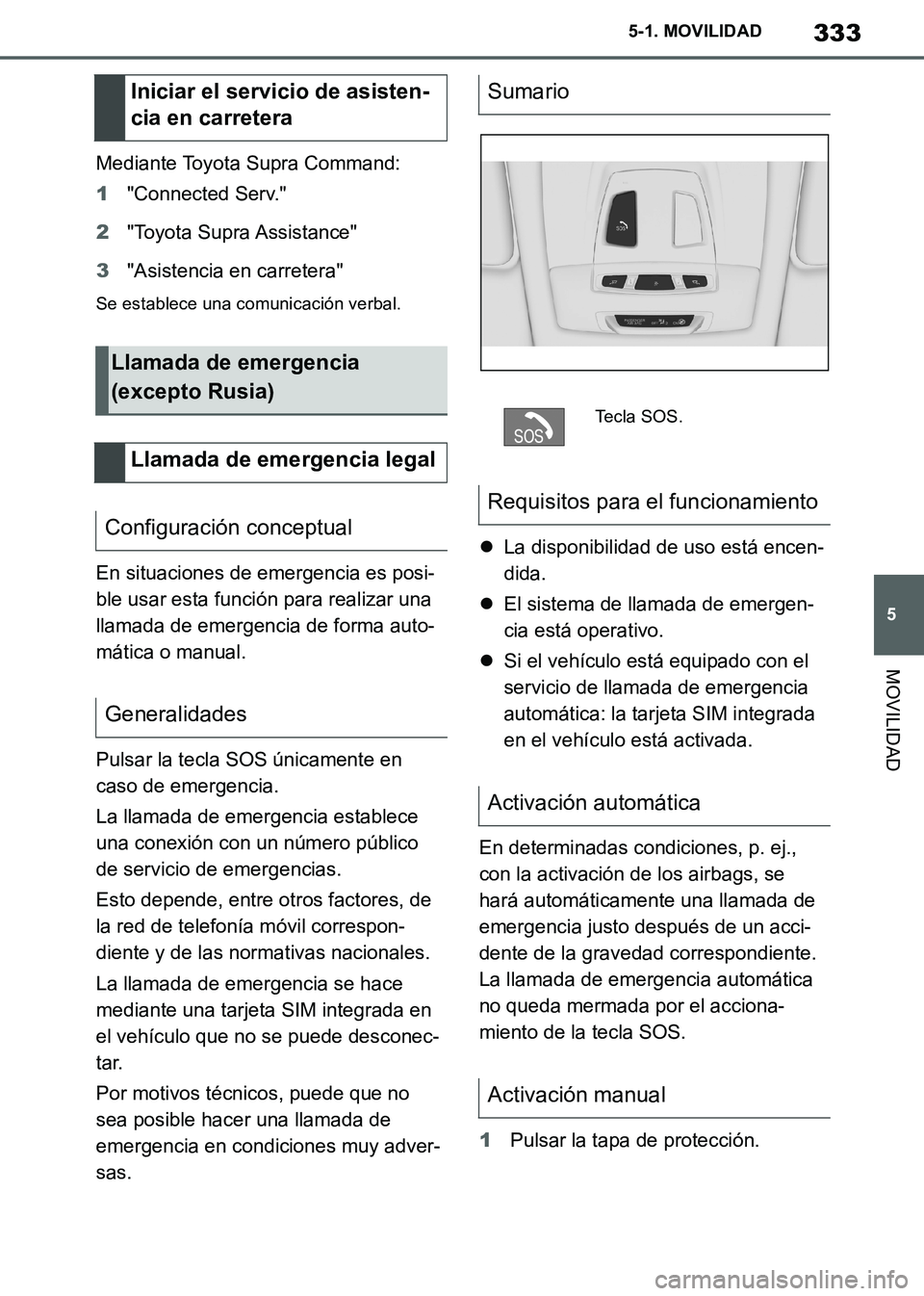 TOYOTA SUPRA 2019  Manuale de Empleo (in Spanish) 333
5
Supra Owners Manual_ES
5-1. MOVILIDAD
MOVILIDAD
Mediante Toyota Supra Command:
1"Connected Serv."
2"Toyota Supra Assistance"
3"Asistencia en carretera"
Se establece una comunicación verbal.
En