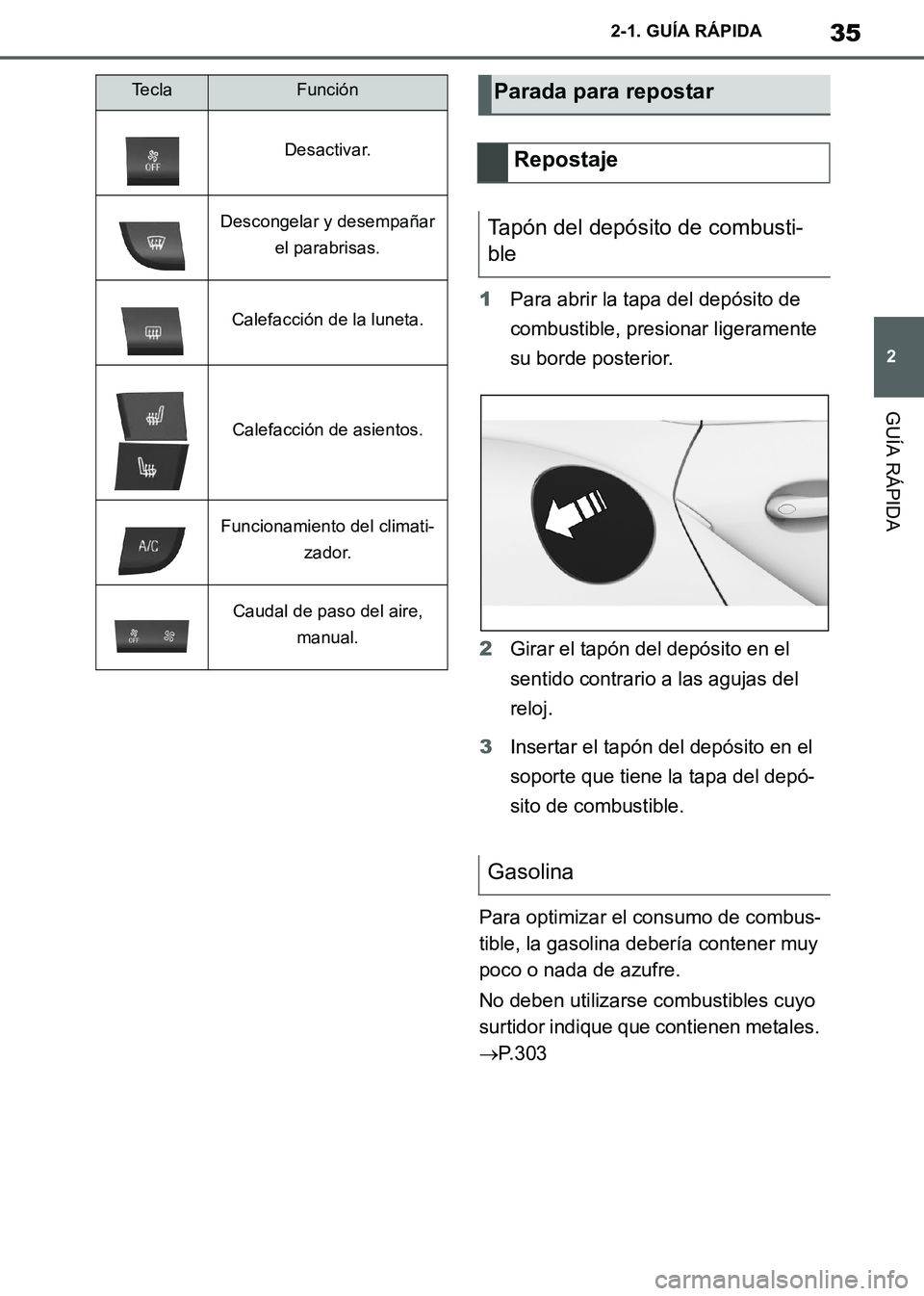 TOYOTA SUPRA 2019  Manuale de Empleo (in Spanish) 35
2
Supra Owners Manual_ES
2-1. GUÍA RÁPIDA
GUÍA RÁPIDA
1Para abrir la tapa del depósito de 
combustible, presionar ligeramente 
su borde posterior.
2Girar el tapón del depósito en el 
sentid