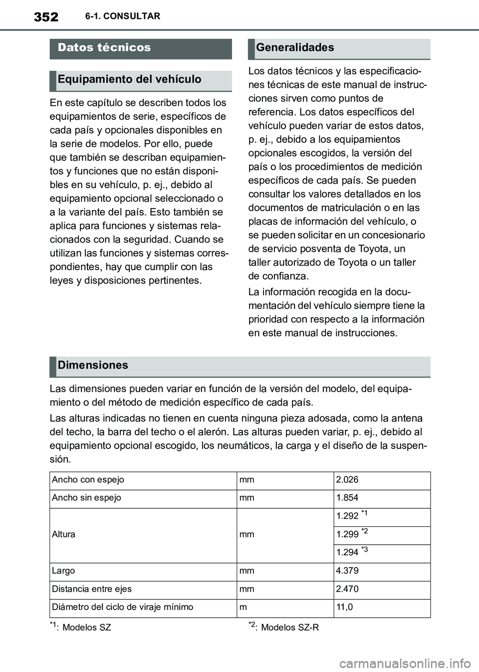 TOYOTA SUPRA 2019 Manuale de Empleo (in Spanish) 352
Supra Owners Manual_ES
6-1. CONSULTAR
6-1.CONSULTAR
En este capítulo se describen todos los
equipamientos de serie, específicos de
cada país y opcionales disponibles en
la serie de modelos. TOYOTA SUPRA 2019 Manuale de Empleo (in Spanish) 352
Supra Owners Manual_ES
6-1. CONSULTAR
6-1.CONSULTAR
En este capítulo se describen todos los
equipamientos de serie, específicos de
cada país y opcionales disponibles en
la serie de modelos.