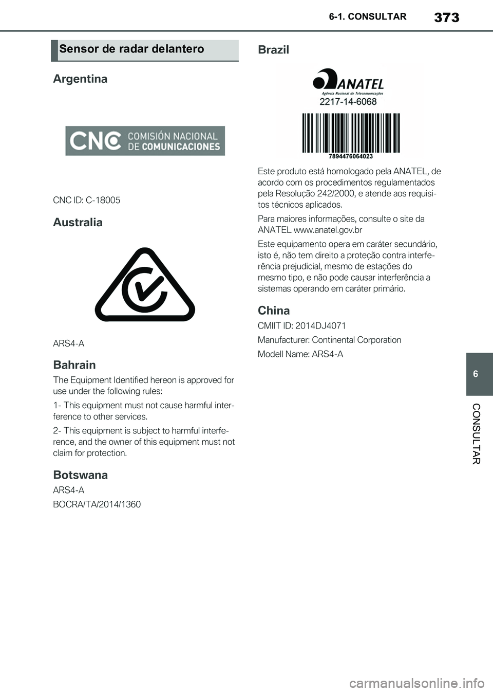TOYOTA SUPRA 2019  Manuale de Empleo (in Spanish) 373
6
Supra Owners Manual_ES
6-1. CONSULTAR
CONSULTAR
Sensor de radar delantero
Supra_OM_Spanish_OM99T08S.book  373 ページ  ２０１９年２月２０日　水曜日　午前１０時３５分 