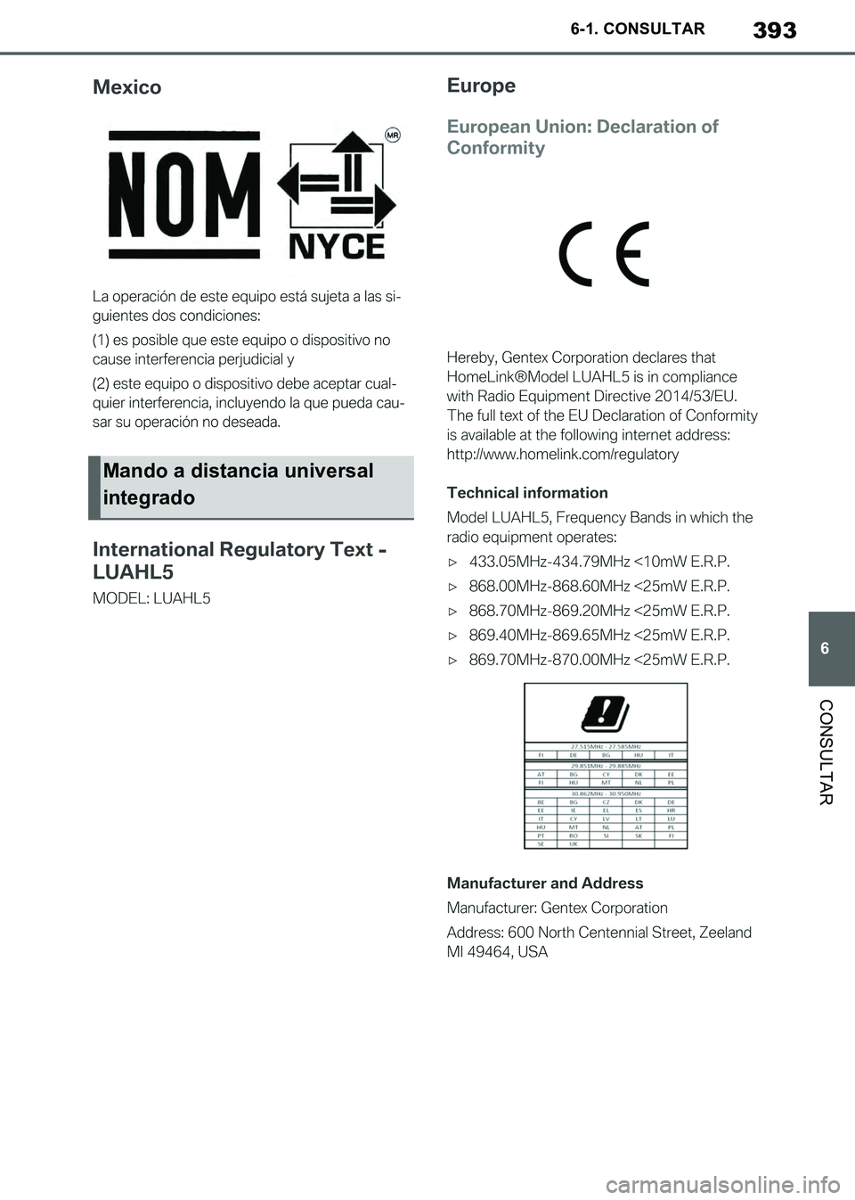 TOYOTA SUPRA 2019  Manuale de Empleo (in Spanish) 393
6
Supra Owners Manual_ES
6-1. CONSULTAR
CONSULTAR
Mando a distancia universal 
integrado
Supra_OM_Spanish_OM99T08S.book  393 ページ  ２０１９年２月２０日　水曜日　午前１０