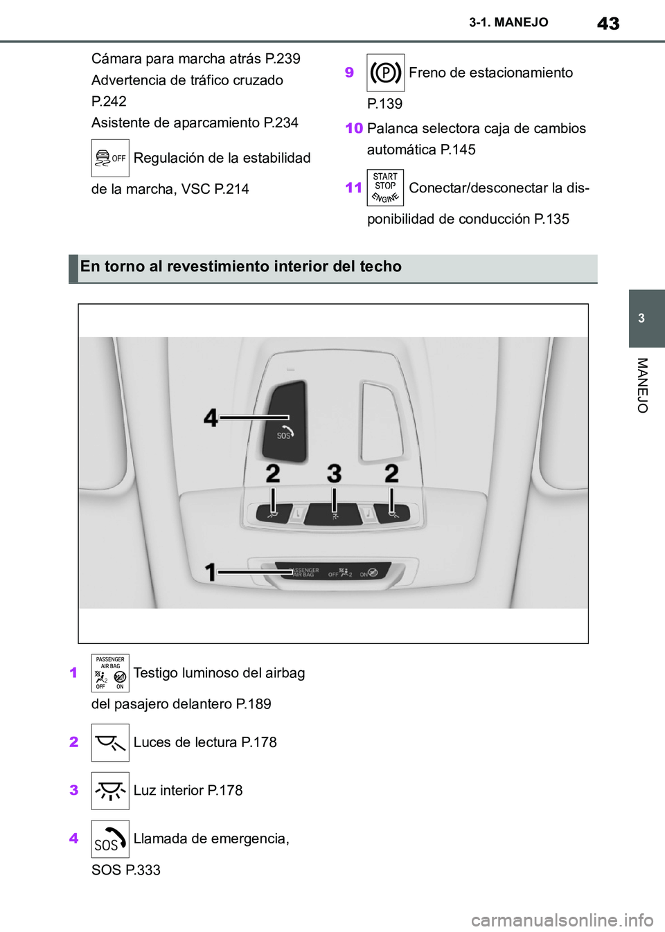 TOYOTA SUPRA 2019  Manuale de Empleo (in Spanish) 43
3
Supra Owners Manual_ES
3-1. MANEJO
MANEJO
Cámara para marcha atrás P.239
Advertencia de tráfico cruzado 
P.242
Asistente de aparcamiento P.234
 Regulación de la estabilidad 
de la marcha, VS