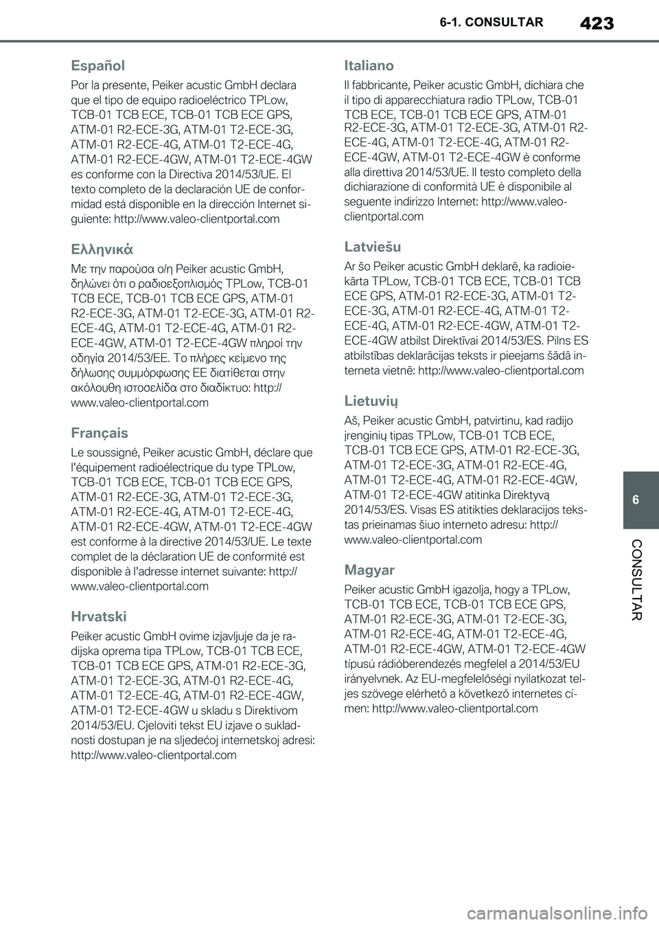TOYOTA SUPRA 2019 Manuale de Empleo (in Spanish) 423
6
Supra Owners Manual_ES
6-1. CONSULTAR
CONSULTAR
Supra_OM_Spanish_OM99T08S.book 423 ページ 2019年2月20日 水曜日 午前10時35分 TOYOTA SUPRA 2019 Manuale de Empleo (in Spanish) 423
6
Supra Owners Manual_ES
6-1. CONSULTAR
CONSULTAR
Supra_OM_Spanish_OM99T08S.book 423 ページ 2019年2月20日 水曜日 午前10時35分