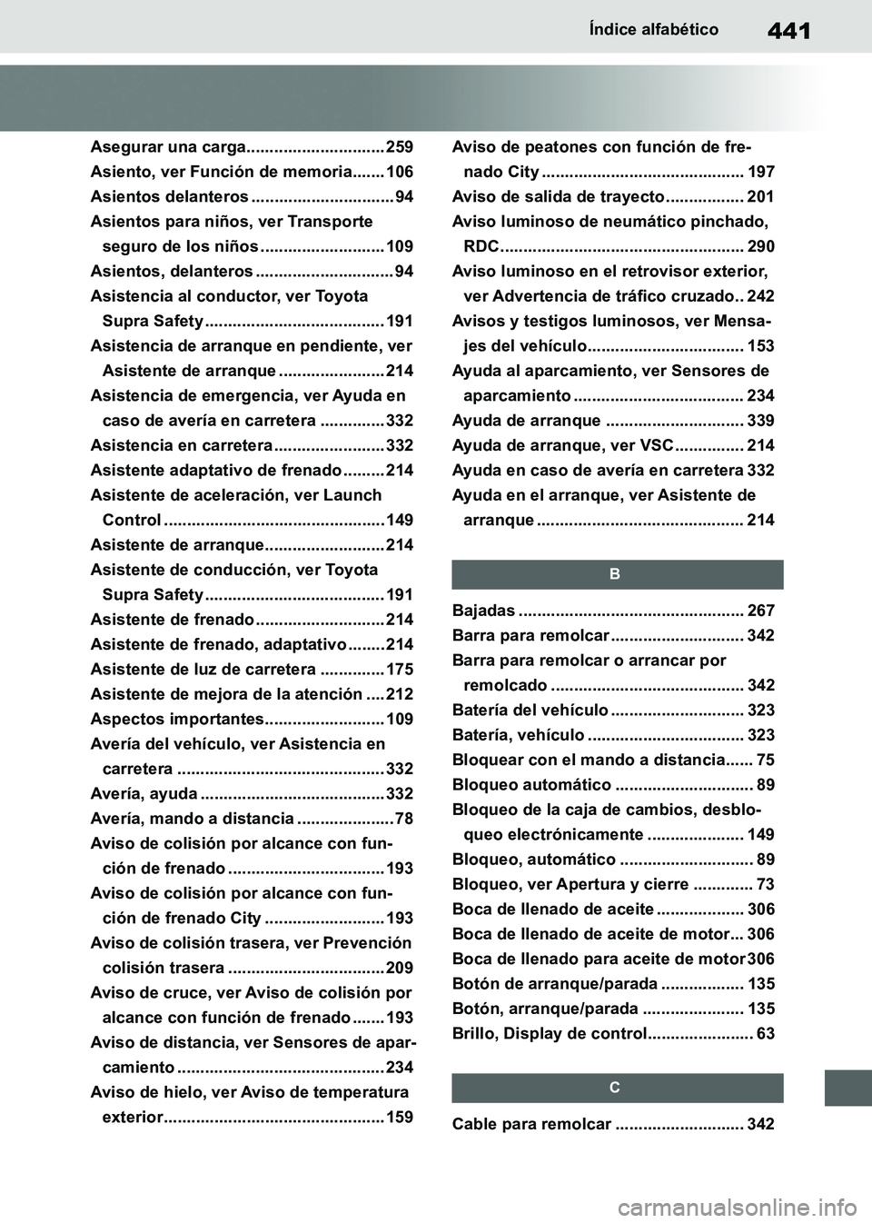 TOYOTA SUPRA 2019  Manuale de Empleo (in Spanish) 441
Supra Owners Manual_ES
Índice alfabético
Asegurar una carga.............................. 259
Asiento, ver Función de memoria....... 106
Asientos delanteros ............................... 94
