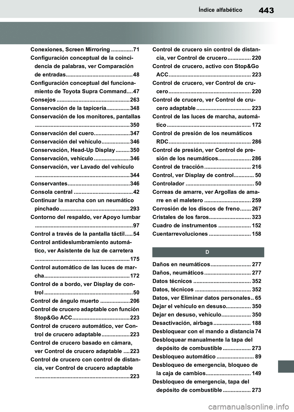 TOYOTA SUPRA 2019  Manuale de Empleo (in Spanish) 443
Supra Owners Manual_ES
Índice alfabético
Conexiones, Screen Mirroring .............. 71
Configuración conceptual de la coinci-
dencia de palabras, ver Comparación 
de entradas................