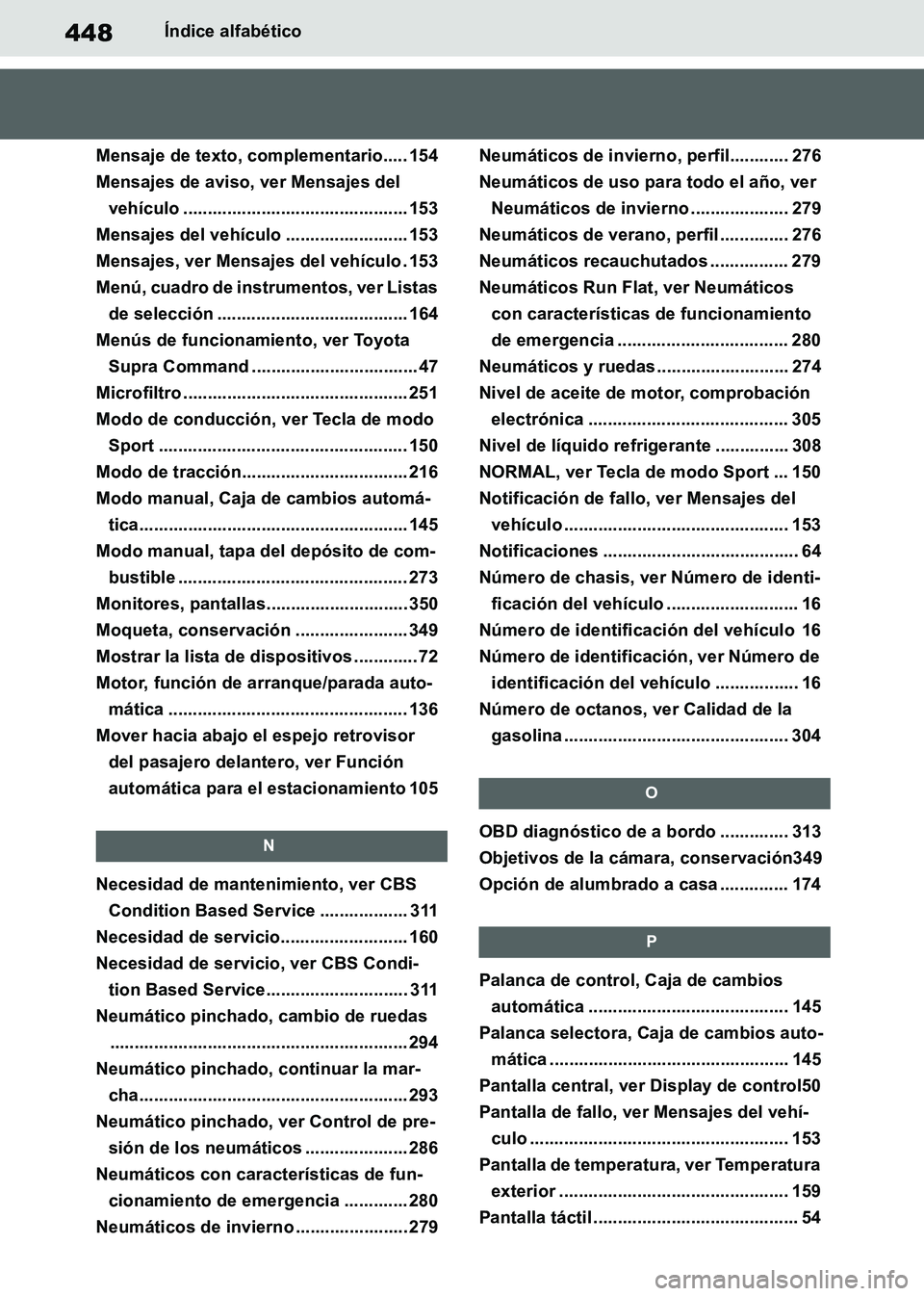 TOYOTA SUPRA 2019  Manuale de Empleo (in Spanish) 448
Supra Owners Manual_ES
Índice alfabético
Mensaje de texto, complementario..... 154
Mensajes de aviso, ver Mensajes del 
vehículo .............................................. 153
Mensajes del