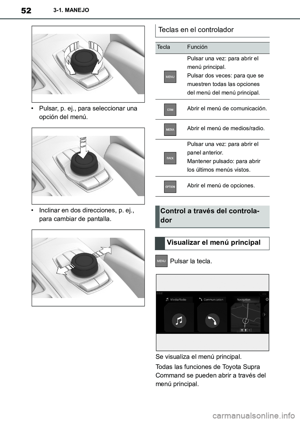 TOYOTA SUPRA 2019  Manuale de Empleo (in Spanish) 52
Supra Owners Manual_ES
3-1. MANEJO
• Pulsar, p. ej., para seleccionar una 
opción del menú.
• Inclinar en dos direcciones, p. ej., 
para cambiar de pantalla.
 Pulsar la tecla.
Se visualiza e