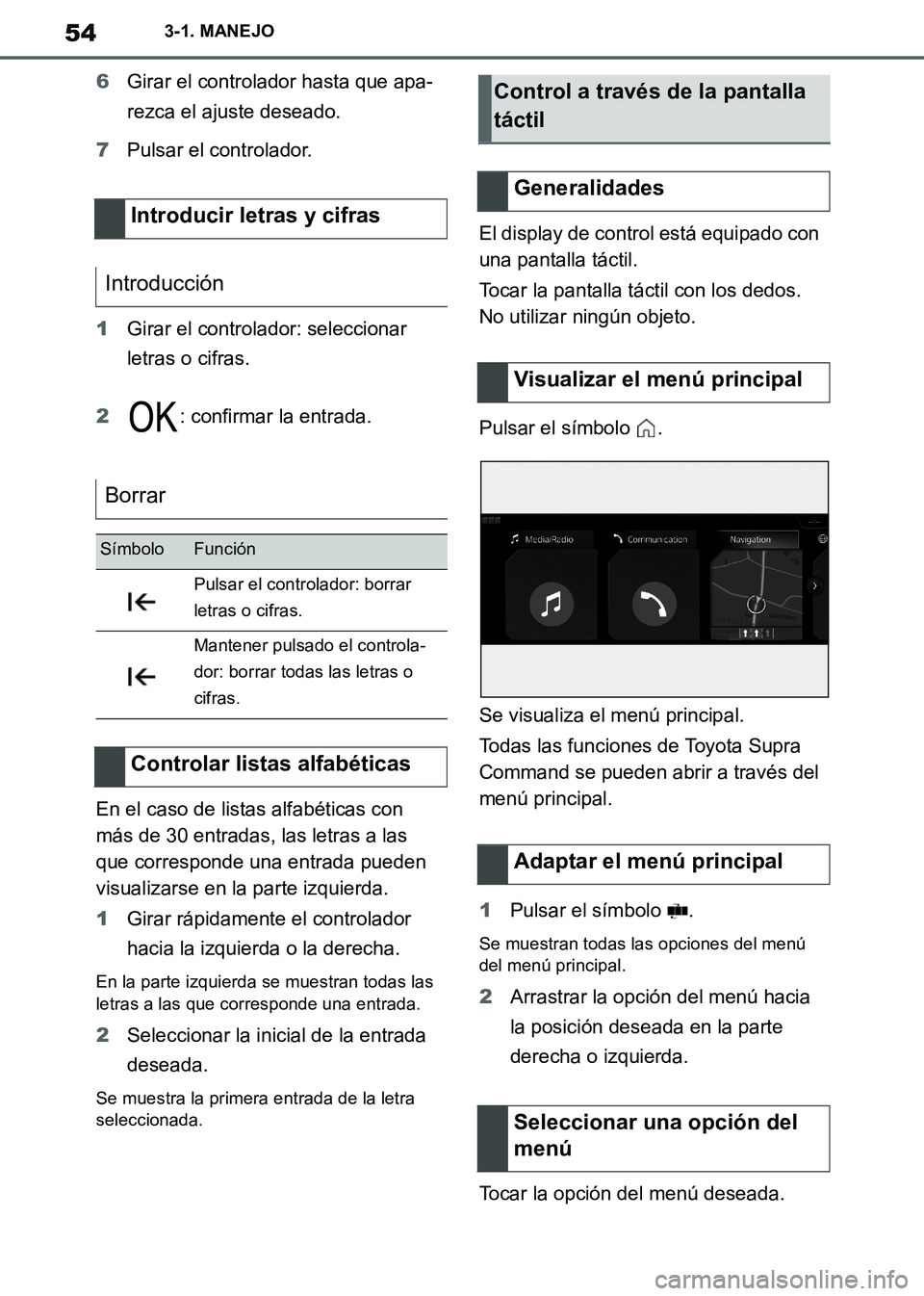 TOYOTA SUPRA 2019  Manuale de Empleo (in Spanish) 54
Supra Owners Manual_ES
3-1. MANEJO
6Girar el controlador hasta que apa-
rezca el ajuste deseado.
7Pulsar el controlador.
1Girar el controlador: seleccionar 
letras o cifras.
2: confirmar la entrad