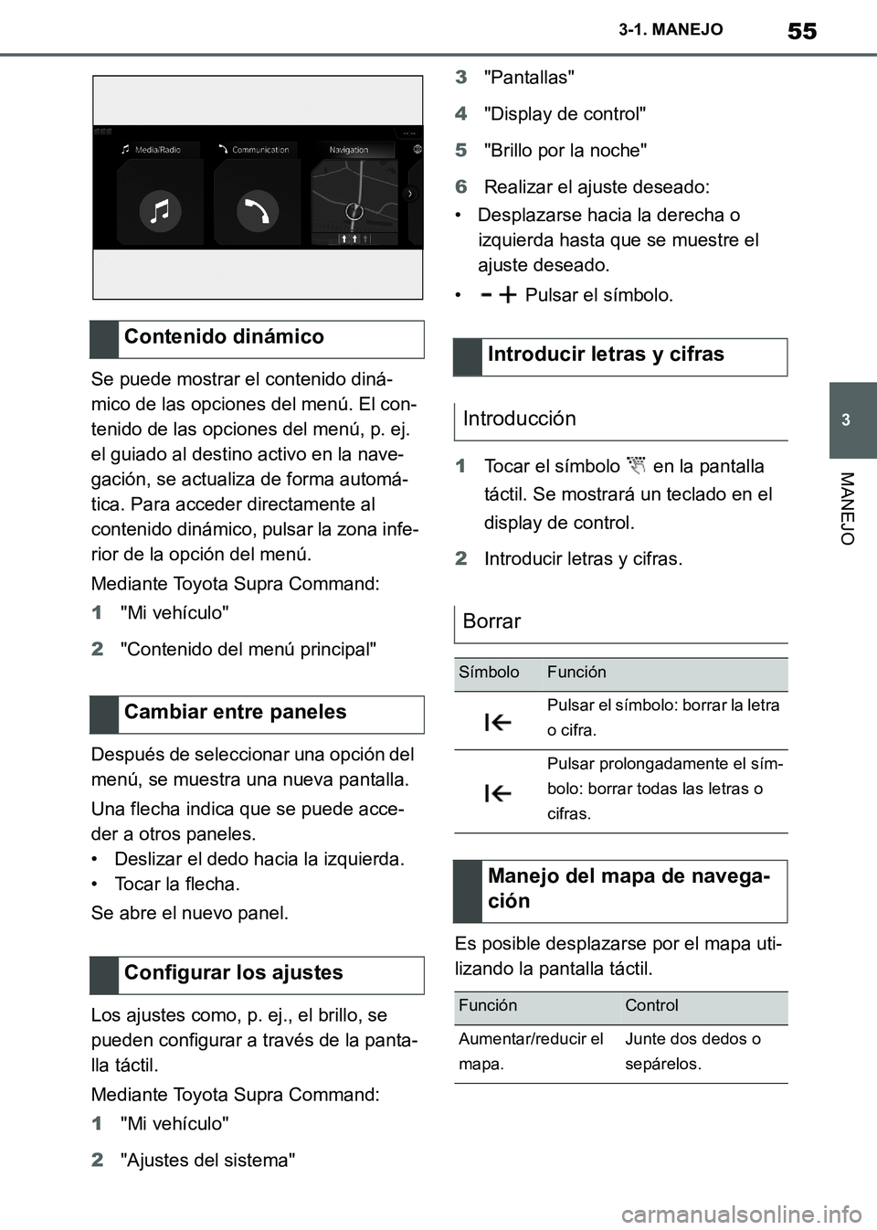TOYOTA SUPRA 2019  Manuale de Empleo (in Spanish) 55
3
Supra Owners Manual_ES
3-1. MANEJO
MANEJO
Se puede mostrar el contenido diná-
mico de las opciones del menú. El con-
tenido de las opciones del menú, p. ej. 
el guiado al destino activo en la
