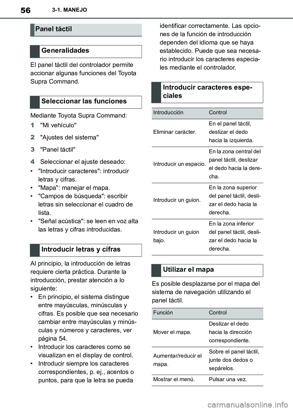 TOYOTA SUPRA 2019  Manuale de Empleo (in Spanish) 56
Supra Owners Manual_ES
3-1. MANEJO
El panel táctil del controlador permite 
accionar algunas funciones del Toyota 
Supra Command.
Mediante Toyota Supra Command:
1"Mi vehículo"
2"Ajustes del sist